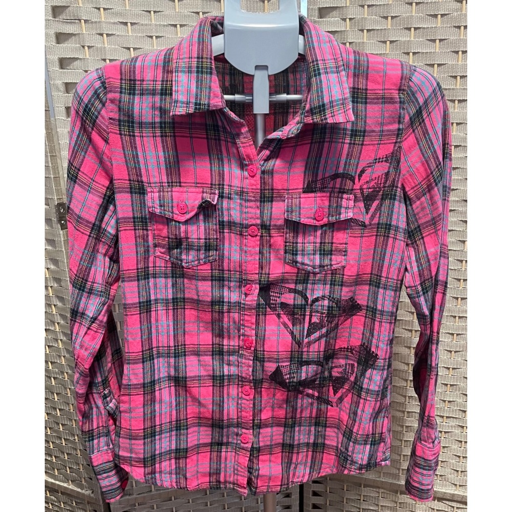 Roxy Womens Pink Plaid Button Down Shirt Long Sleeve Logo Graphic Size M